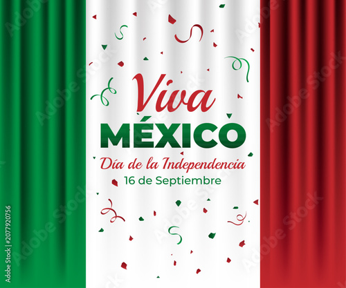 Viva Mexico banner with Mexican flag colors background and confetti. Festive design for Mexico Independence Day celebration on September 16, greeting card or poster.