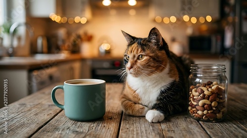 A calico cat rests on a wooden table next to a mug of coffee and a jar of nuts, with a warm, blurred kitchen background and fairy lights
