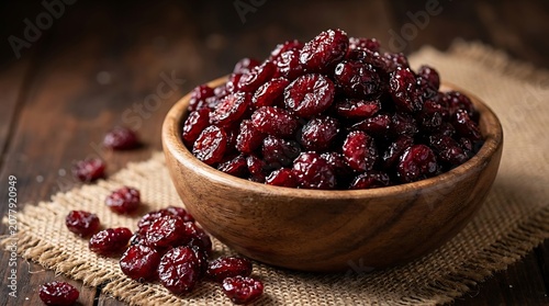A rustic wooden bowl filled with dried cranberries, placed on a burlap cloth. The deep red berries glisten under warm lighting, creating an appealing and natural look
