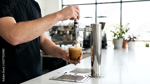 A barista pouring coffee from a tap into a cup, showcasing a modern cafe setup. The focus is on the process of brewing and serving fresh coffee.