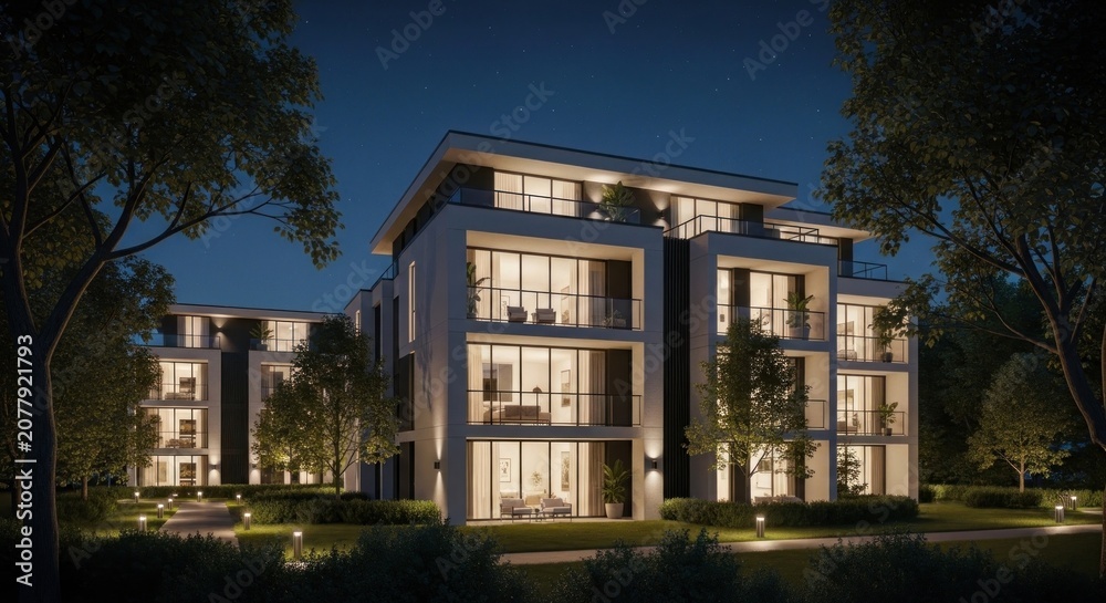 Fototapeta premium Luxury residential apartment building exterior at night.