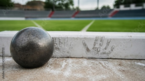 Shot put ball, athletics and competition in stadium with toe board, chalk handprints and track field. Olympic sport, heavy iron sphere and athlete training for game, strength and professional event.