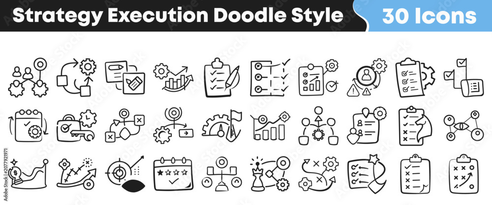 Naklejka premium Hand drawn strategy execution doodle icons set for business planning