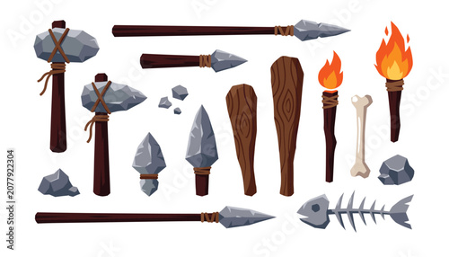 Tableau sur toile Prehistoric stone tools and caveman weapons collection vector illustration