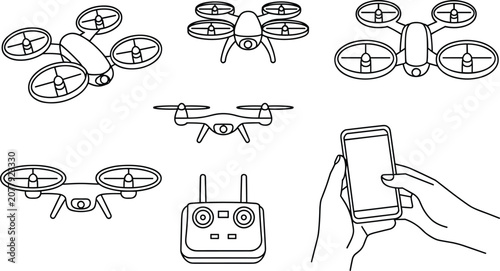 Fotografía Drone vector line icon set with remote controller and hand holding smartphone fo