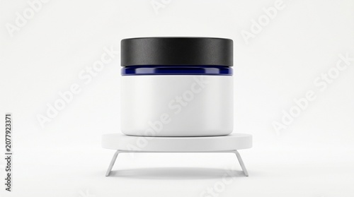 Blank cosmetic cream jar with black lid on a white stand isolated on white background