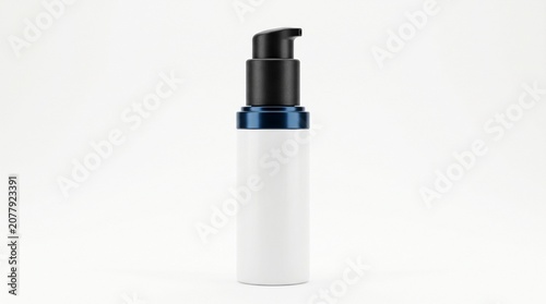 White cosmetic pump bottle with blue collar isolated on white background