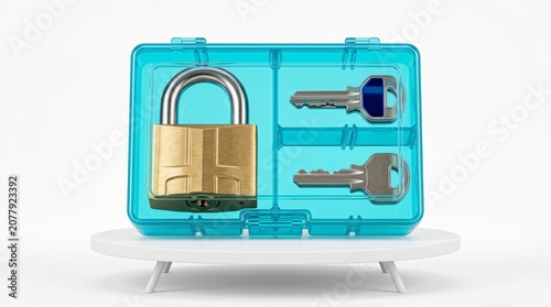 A brass padlock and two keys stored inside a blue transparent plastic organizer box