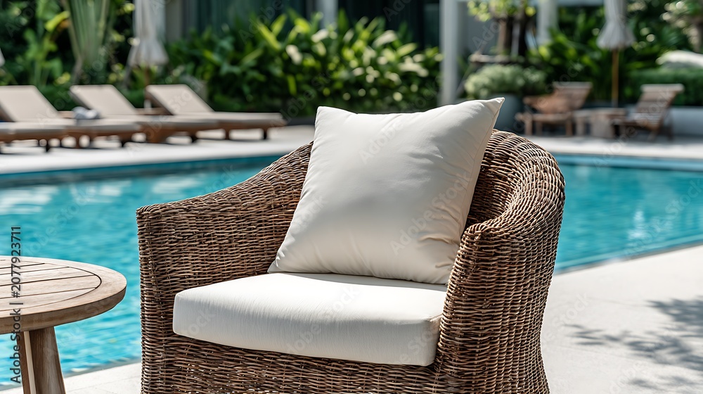 Fototapeta premium Wicker chair with white cushions by a swimming pool