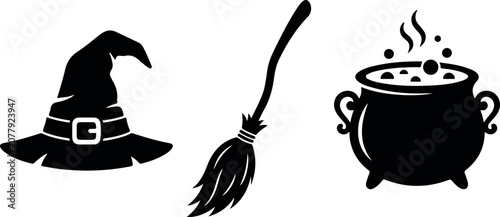 Obraz na plátne Halloween icons witch hat broomstick and cauldron spooky symbols for all hallows