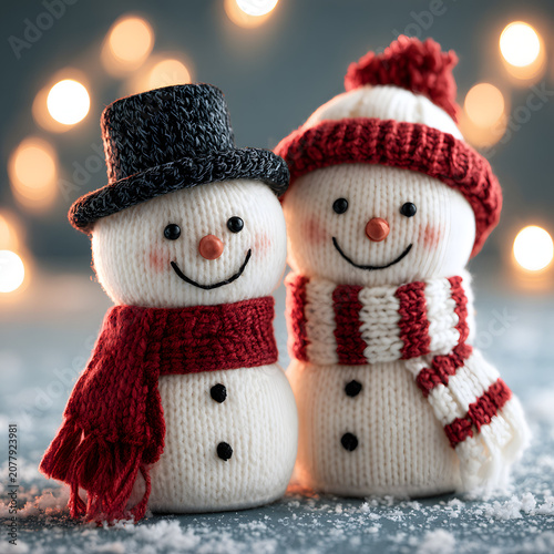 Cute Snowmen in Knitted Hats for Christmas Holiday