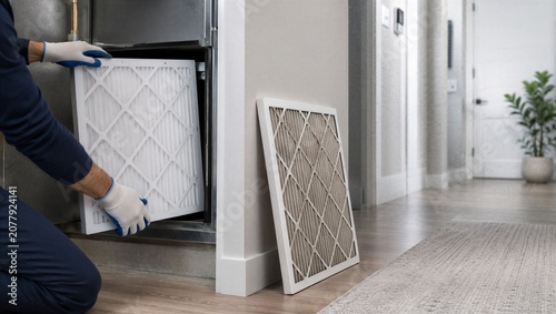 Technician replacing dirty hvac air filter with clean one in residential furnace system. Professional home maintenance service for improved indoor air quality and healthy living environment.