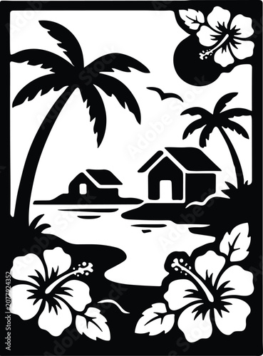 Tropical Beach Landscape with Palm Trees Silhouette Vector