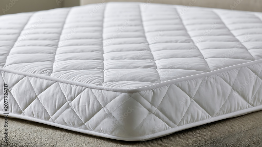 Fototapeta premium Close up of a clean white quilted mattress protector on a bed