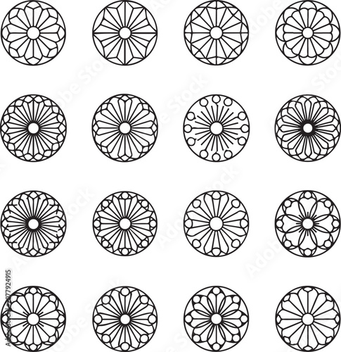 Set of black and white mandala designs on white background for graphic resources