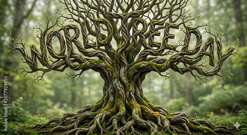 Ancient Tree with Twisted Branches Forming Nature Typography