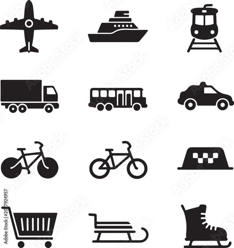 Set of black silhouettes of various transportation vehicles and objects
