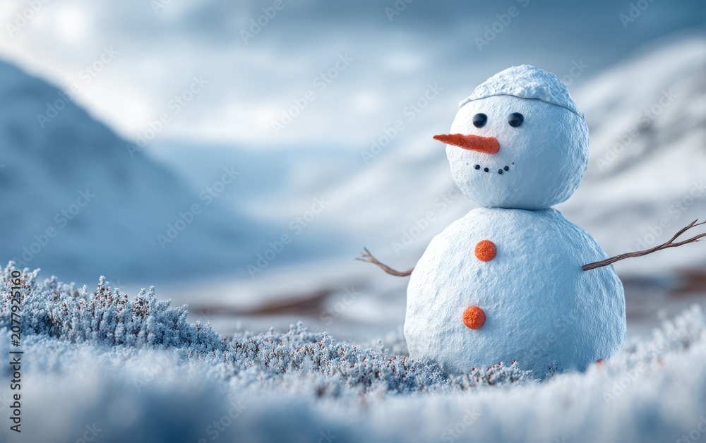 Obraz premium Snowman on Remote Scottish Highland Moor Surrounded by Heather and Snow