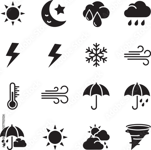 Weather forecast icons for sunny rainy cloudy windy conditions and temperature  various symbols