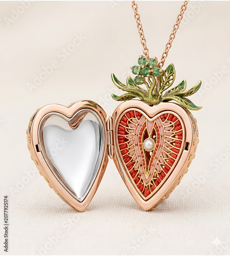 Luxury Strawberry Heart Locket Necklace with Botanical Design