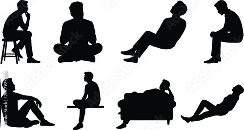 Collection of sitting man silhouettes featuring casual male characters resting thinking and lounging in different poses
