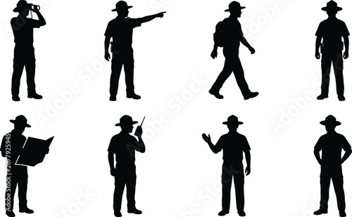 Foto Park ranger silhouettes set of male forest officers in uniform isolated on white