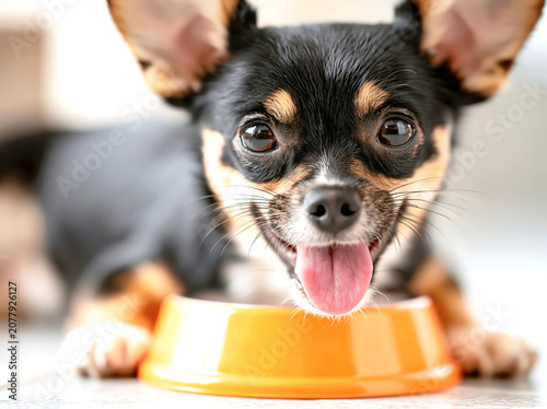 Happy Chihuahua Puppy Eating from Orange Pet Bowl