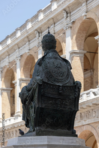 Bronze statue of Pope Sixtus V on courtyard of 16th century Basilica of the Holy House in Loreto, Italy