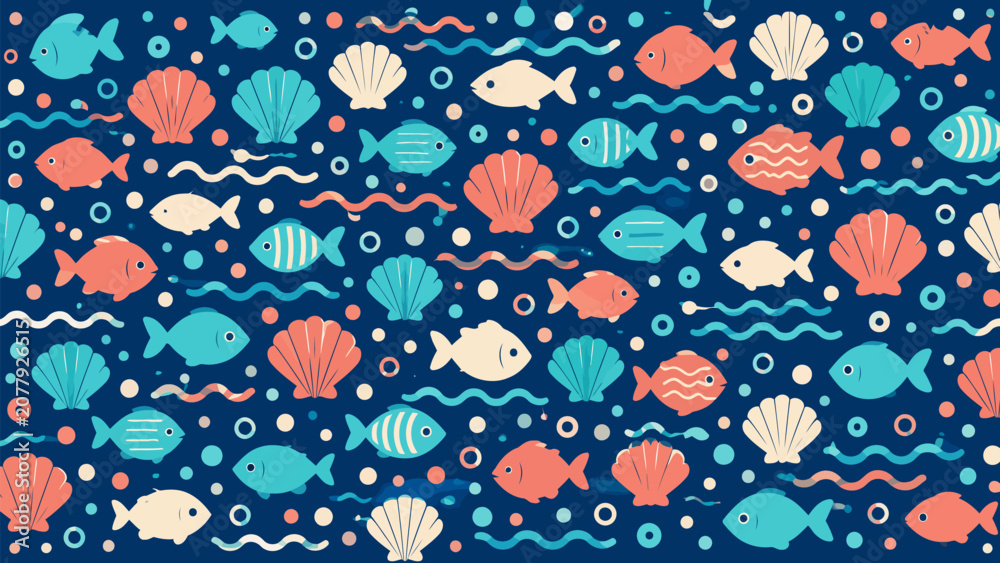 Fototapeta premium Oceanic Collage: A vibrant and playful composition of colorful fish and seashells scattered across a deep blue ocean background, creating a lively underwater scene.