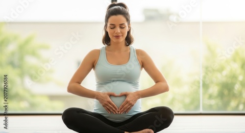 Pregnant woman sitting cross-legged making heart shape.