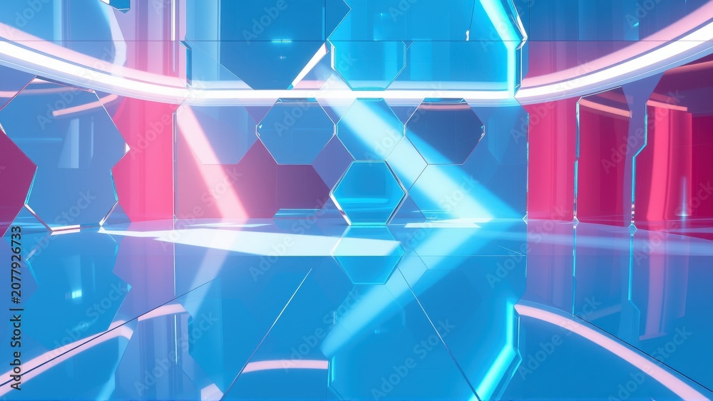 Fototapeta premium Futuristic corridor. Bright neon lights illuminate hexagonal patterns, reflections abound. Minimalist design creates immersive space.