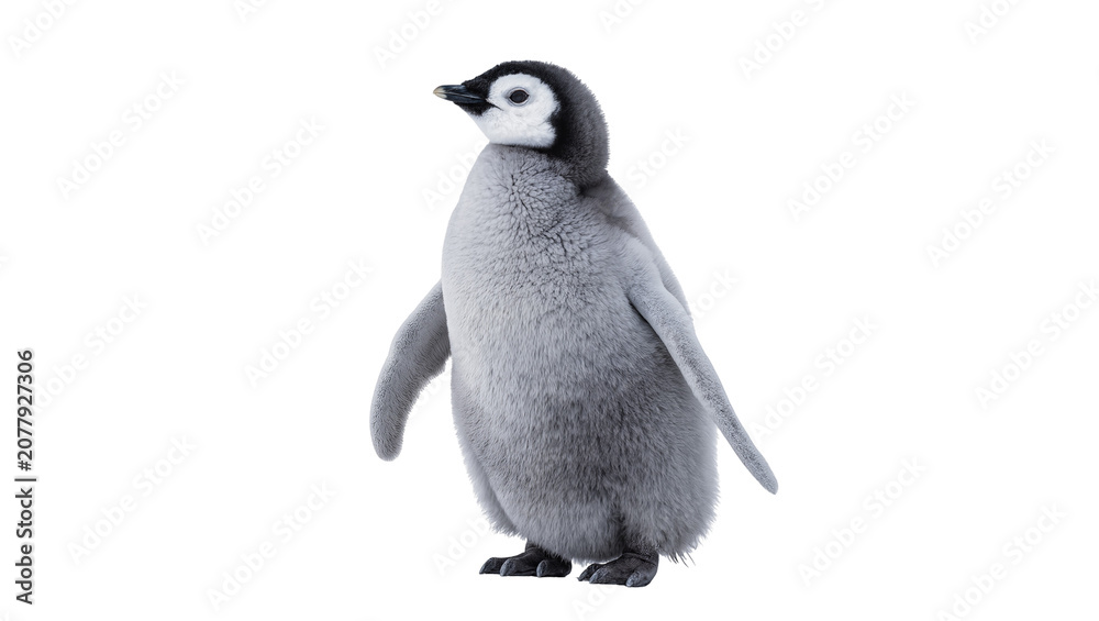 Obraz premium Fluffy grey emperor penguin chick standing, isolated on transparent background