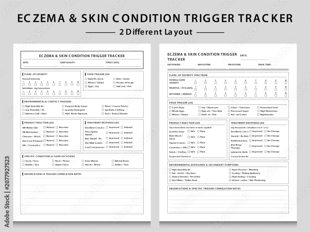 Fototapeta premium Eczema and Skin Condition Symptom Trigger Tracker Log Sheets. Three Different Layout Vector Illustrations.
