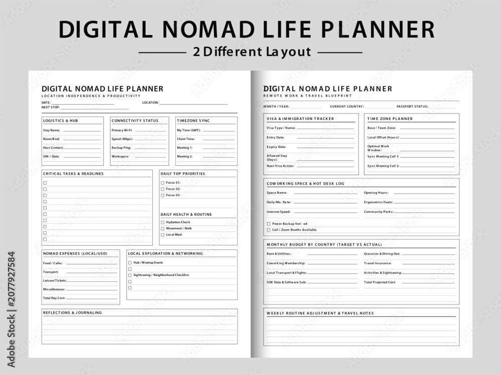 Fototapeta premium Digital Nomad Life Planner Templates for Remote Work Organization. Three Different Layout Vector Illustrations.