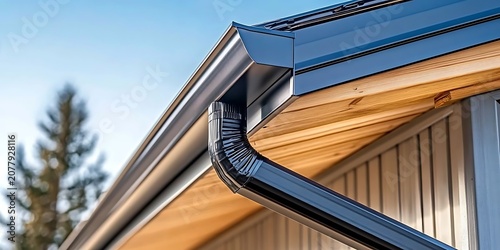 Black gutter system installed on a wooden house with clear sky in background.