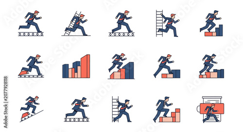 Businessman climbing graph steps success.