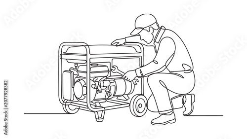 Continuous line drawing of a technician repairing a portable electric generator.