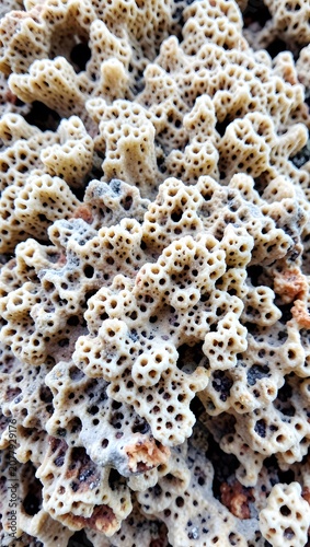 Close-up texture of porous coral reef structure.