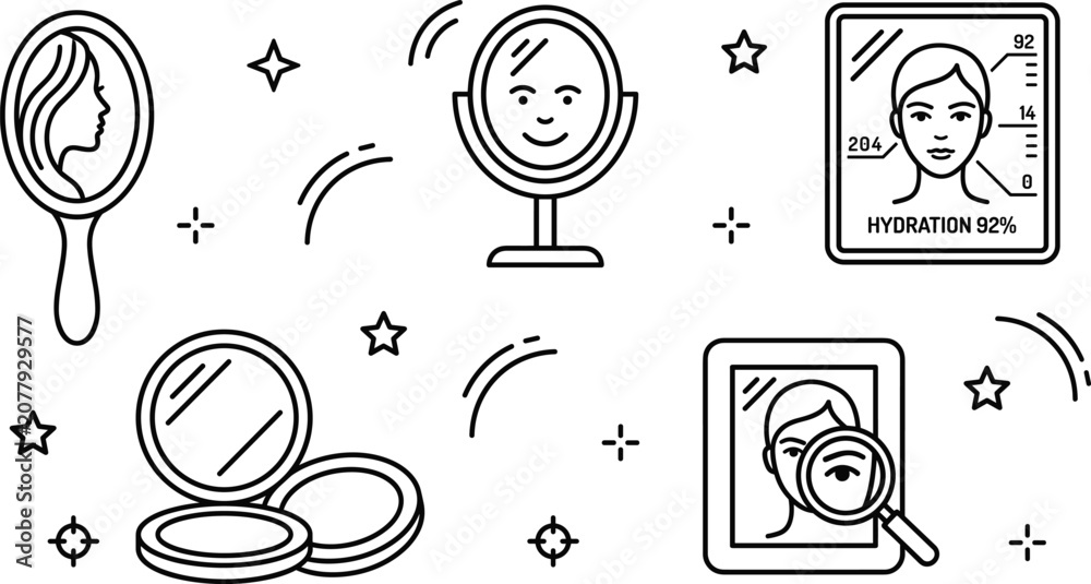Fototapeta premium Smart Mirror and Digital Skin Analysis Beauty Diagnostic Application Outline Line Icon Set