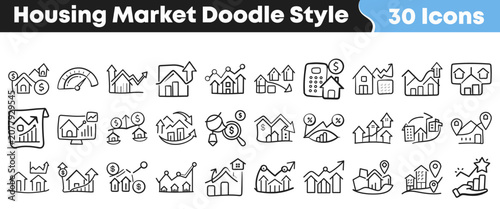 Schilderij op canvas Set of hand drawn housing market doodle icons for business