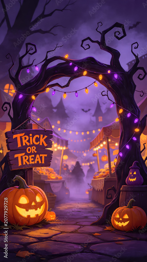 Fototapeta premium Glowing jack o lantern pumpkins at Halloween carnival archway entrance vertical composition perfect for mobile festive wallpaper and social media story templates.