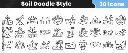 Set of hand drawn doodle icons representing various soil types
