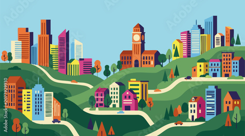 Fényképezés Vibrant city skyline illustration on undulating green hills with roads and cars