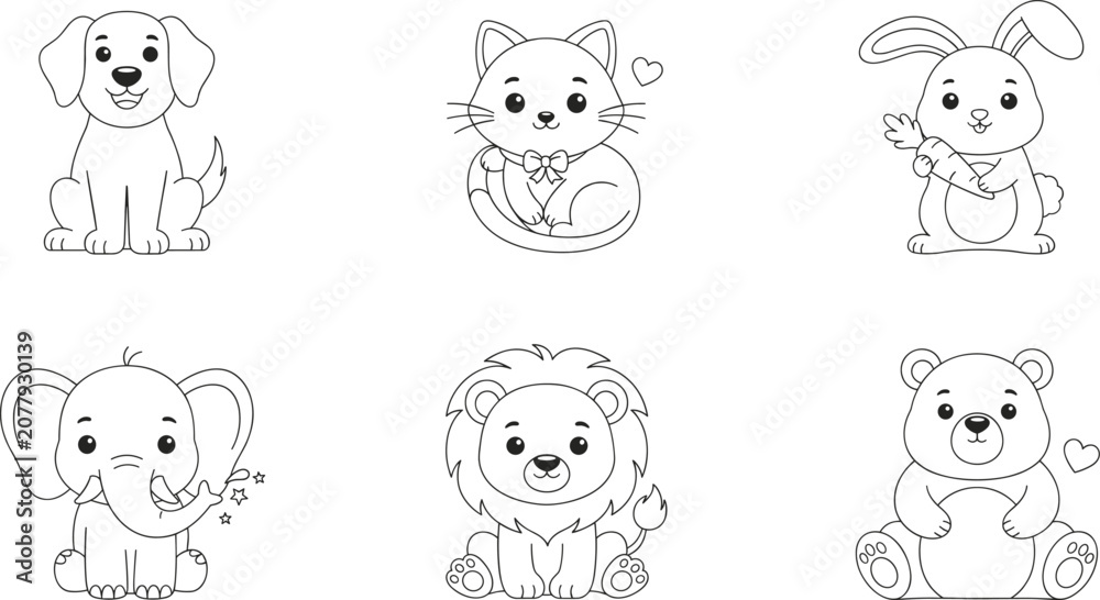 Fototapeta premium Cute cartoon animal outline vector set featuring dog, cat, rabbit, elephant, lion, and bear for children’s coloring and educational design
