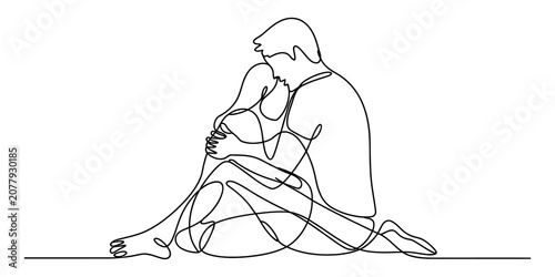Bild auf Leinwand Continuous single line drawing of a loving couple sitting and hugging each other