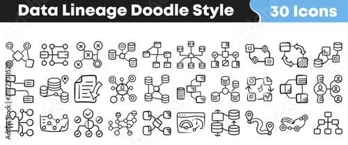 Obraz na płótnie Hand drawn collection of thirty data lineage doodle style icons