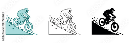 Φωτογραφία Downhill mountain biker riding fast down a steep dirt slope with debris flying