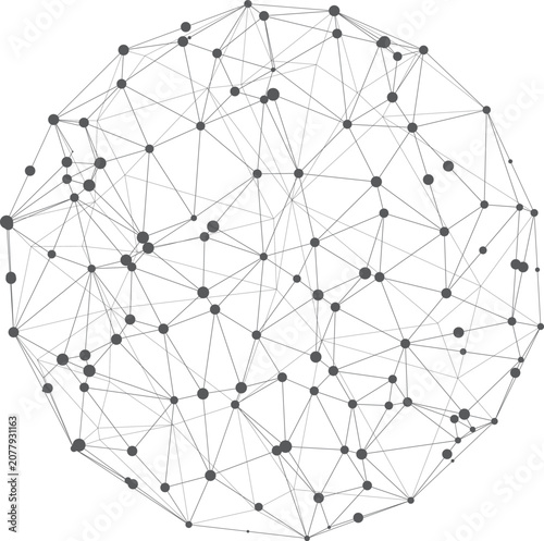 Abstract polygonal network sphere with connected lines and nodes, futuristic digital communication concept, technology, data visualization and global connection design.