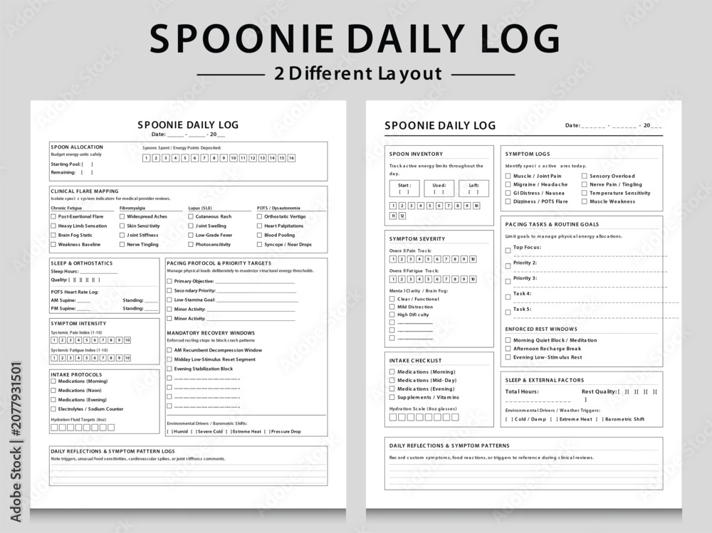 Fototapeta premium Chronic Illness Daily Symptom and Energy Management Log Templates. Three Different Layout Vector Illustrations.