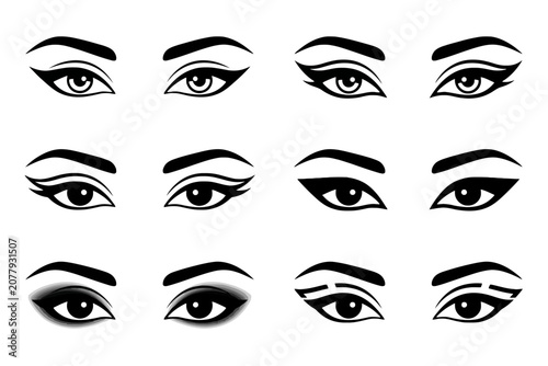Eye Makeup Styles Set with Eyeliner and Brows on White Background